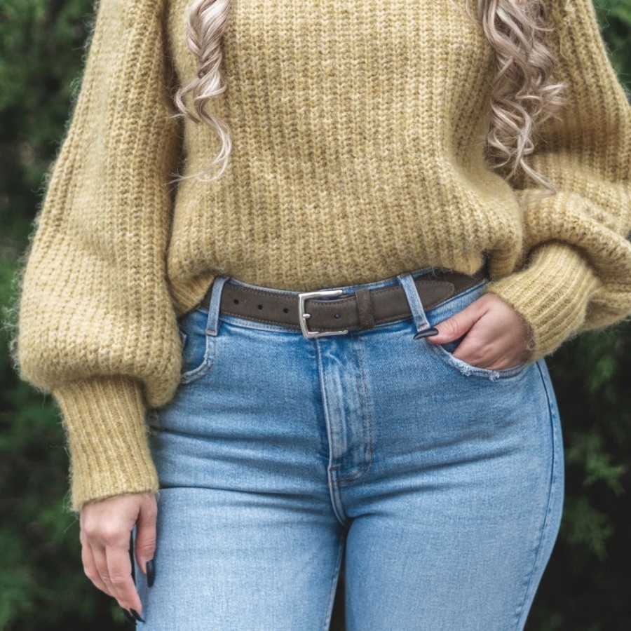 Donker Olijfkleurige Suède Klassieke Leren Damesriem Dinsdag